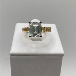Sterling Silver 925 14K Gold Plated Emerald Baguette Simulated Diamond Ring